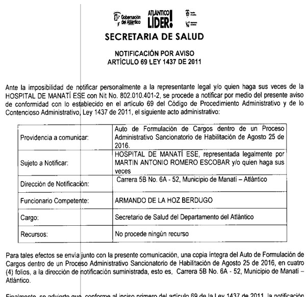 Notificación por Aviso - Secretaria de Salud del Atlántico